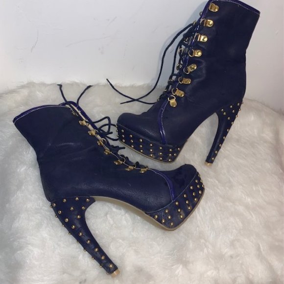 Hot Miami Styles Shoes - Royal Blue Gold Stud Lace Up Boots